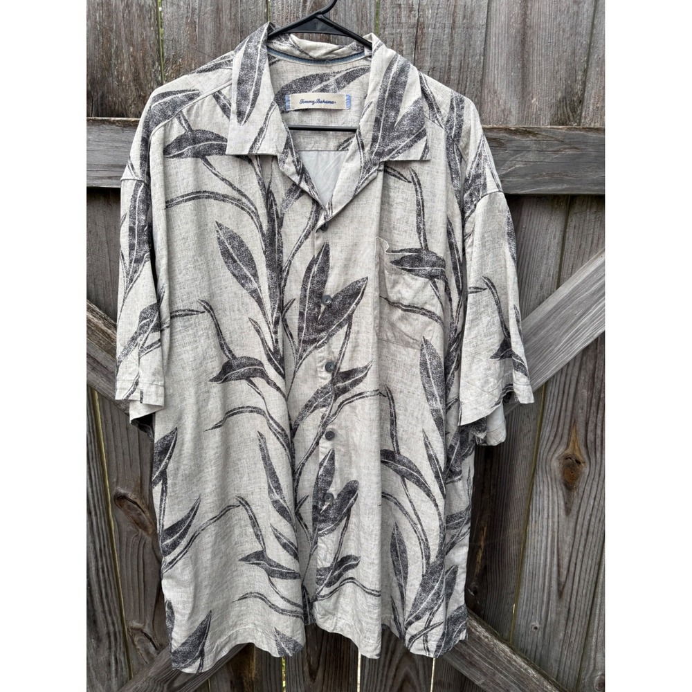 Tommy Bahama Mens XXL 100% Silk Grey Leaf Print Camp Shirt 131-T34888